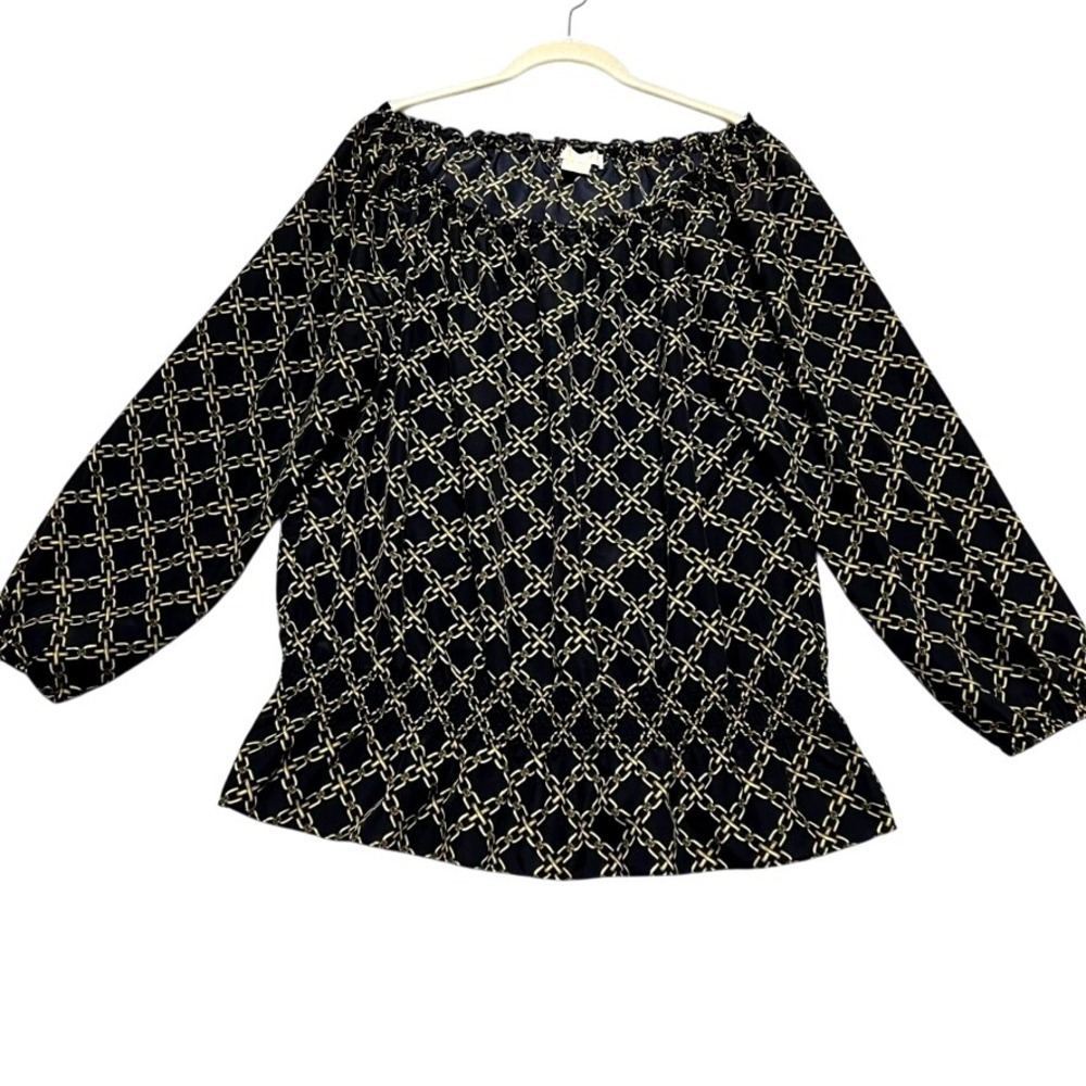 Michael Kors Chain Print Blouse Black Gold  2X Off Shoulder Long Sleeve Top
